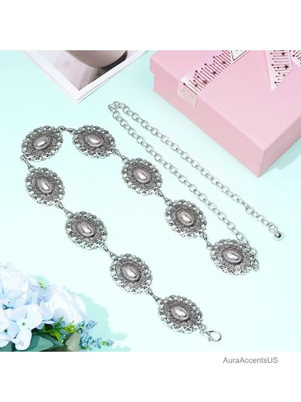 Adjustable Western Oval Concho Chain Belt for Dresses Jeans Cowgirl